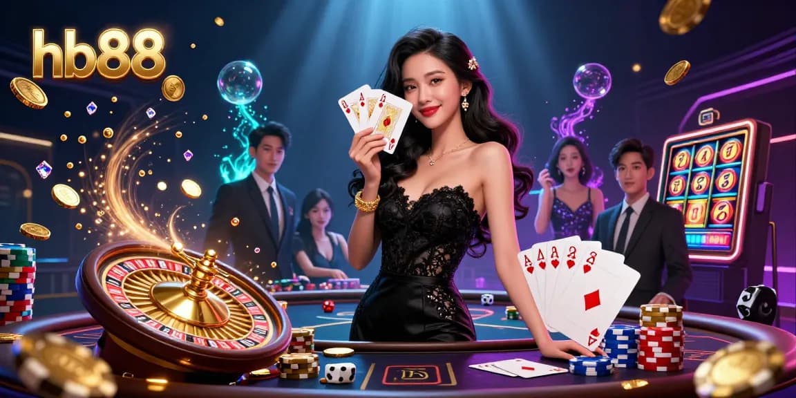 Experience thrilling gameplay with hb88 as an elegant Asian woman showcases winning cards in a luxury casino.