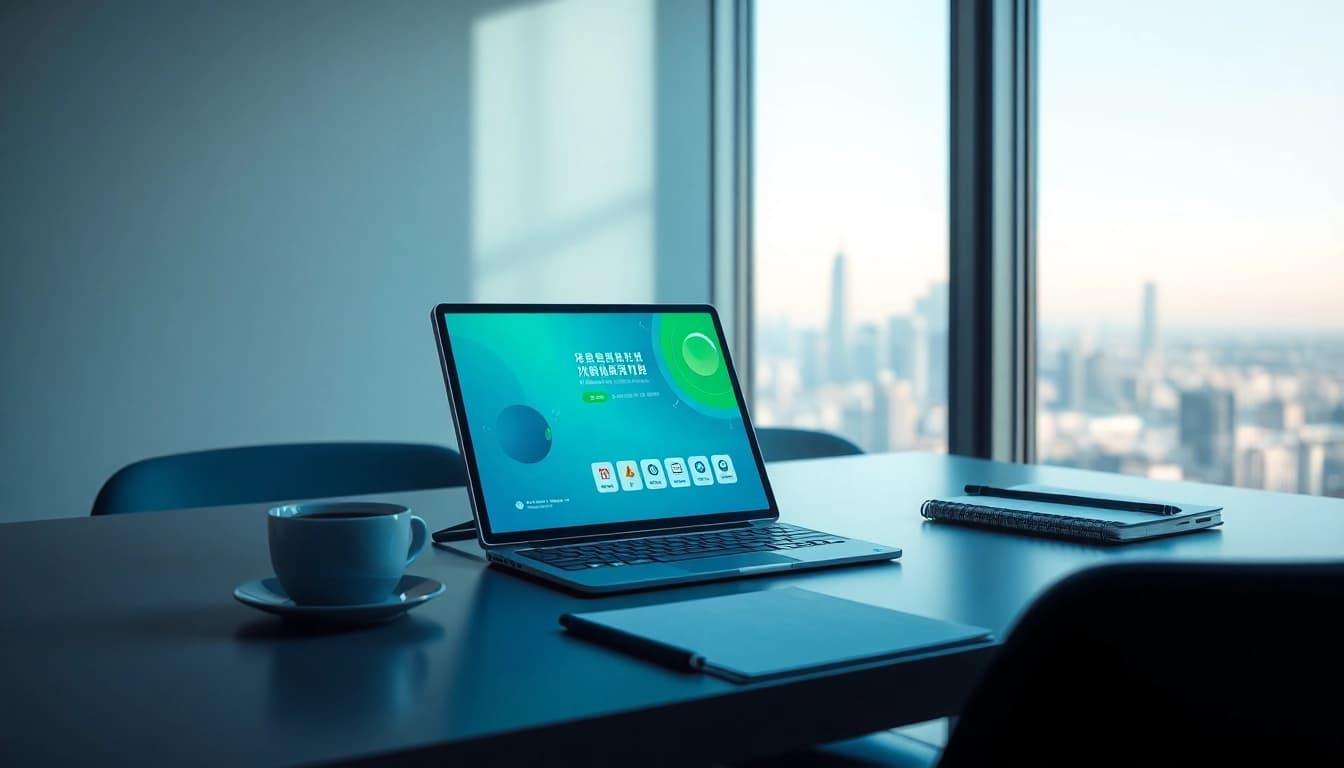 快连下载 application displayed on a modern device in a sleek workspace, showcasing seamless connectivity.