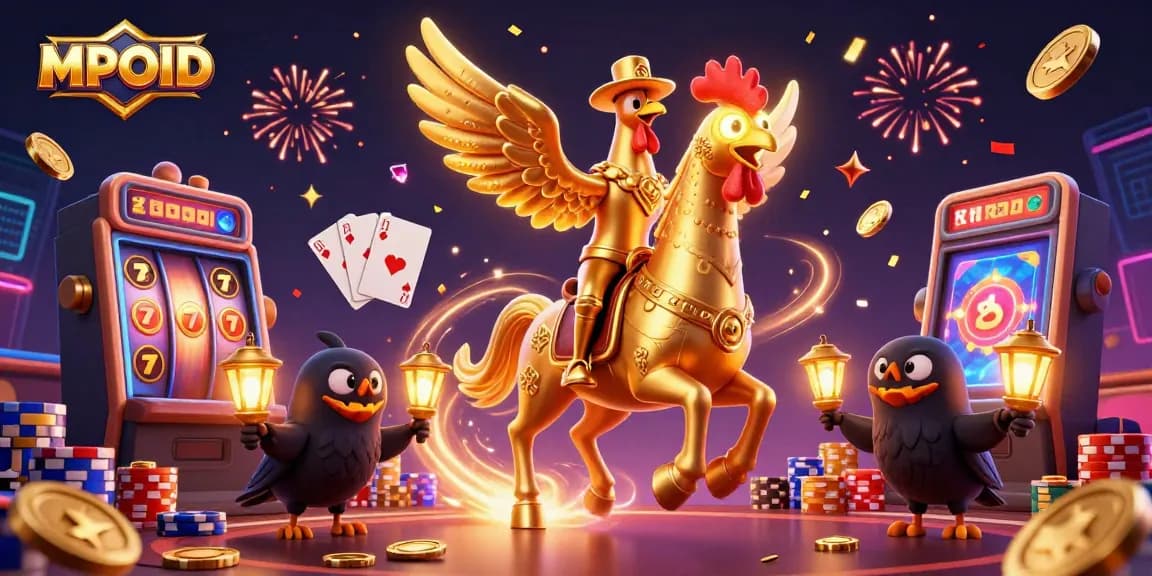 MPOID showcases a vivid casino scene with a golden rooster and friends, celebrating with slots and colorful chips.