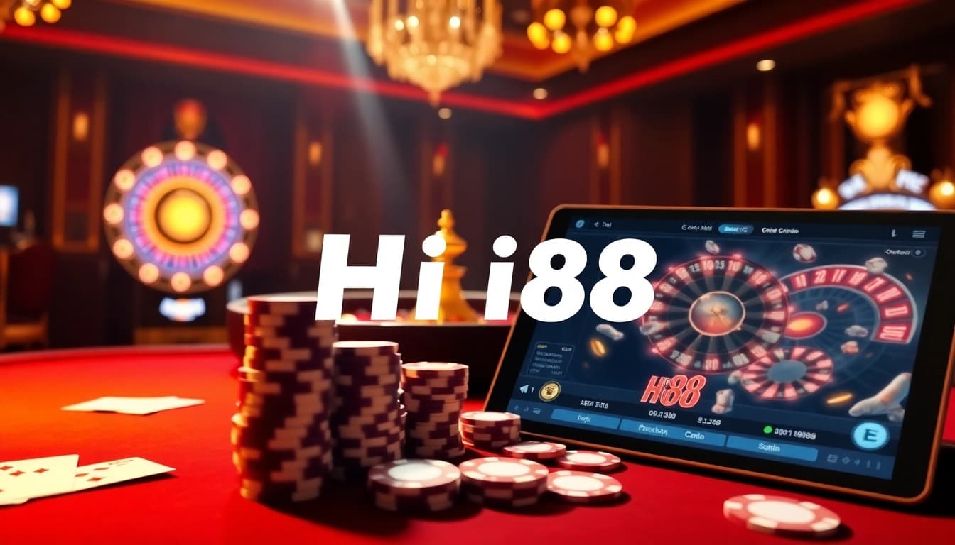 Players enjoying a vibrant Hi88 casino atmosphere with poker chips and a roulette wheel.