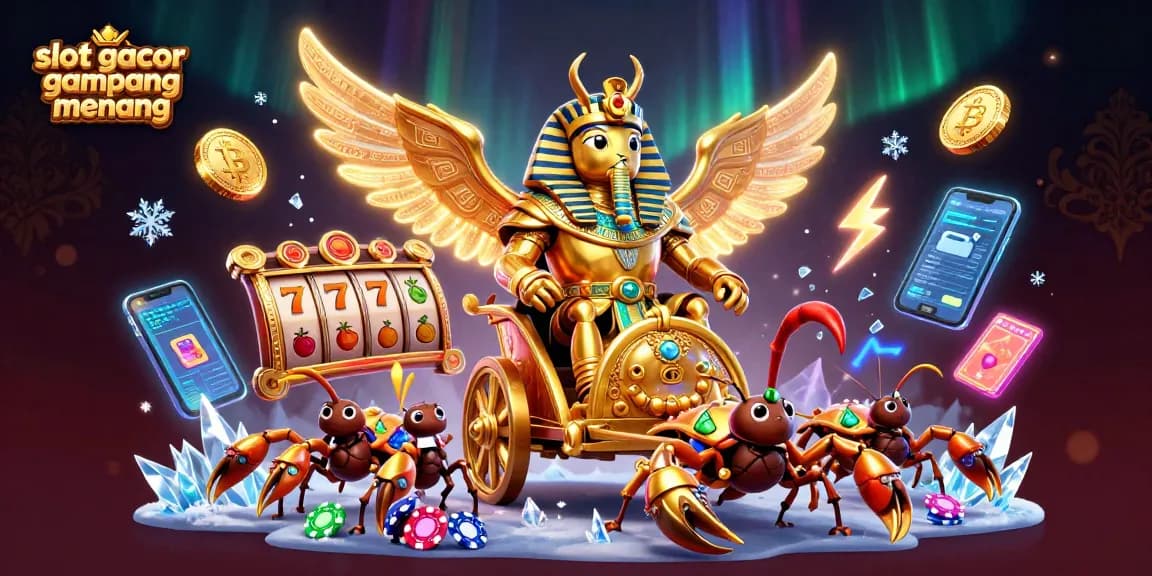 Engage in thrilling gameplay with slot gacor gampang menang, featuring a golden scarab and slot elements.