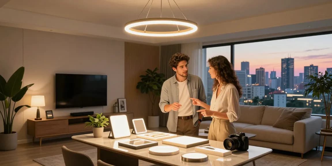Lustre LED moderne într-un living elegant, pereche discutând despre designul interior.