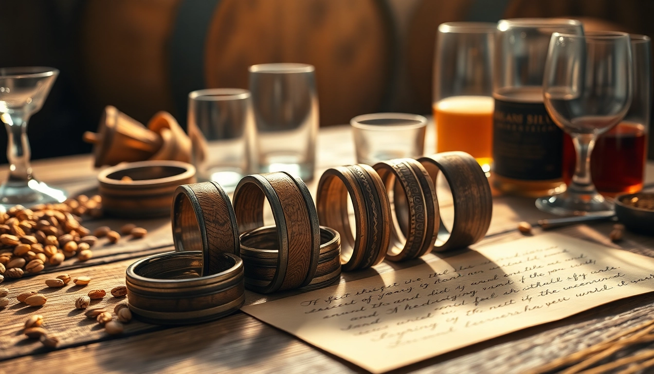 Showcase unique Whiskey Barrel Wedding Bands featuring rustic designs and intricate wood grains.