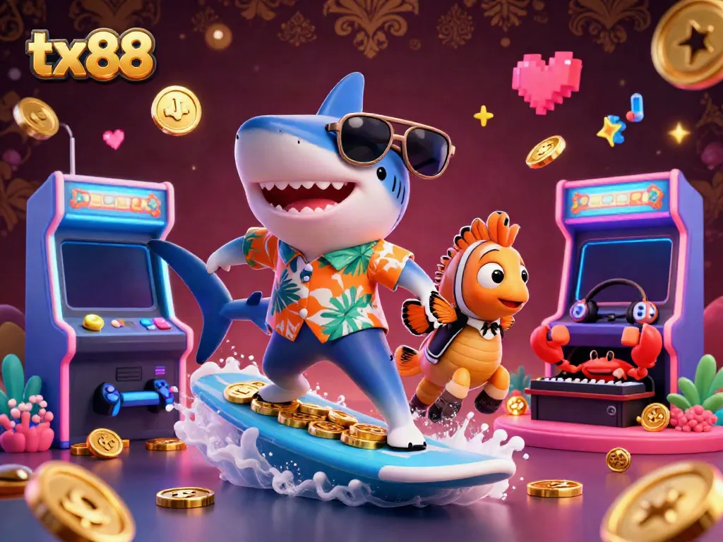Experience the excitement of tx88 with cartoon characters in a vibrant casino-themed scene filled with games and gold coins.