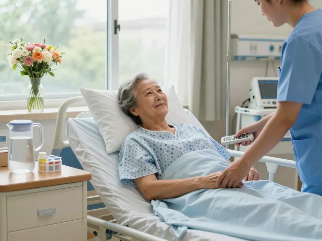Comfortable giường bệnh nhân in a sunny hospital room with caregiver assisting the patient.