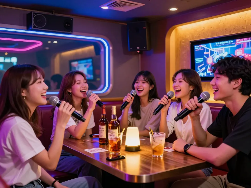 Enjoying 제주유흥 with friends in a lively karaoke room setting.