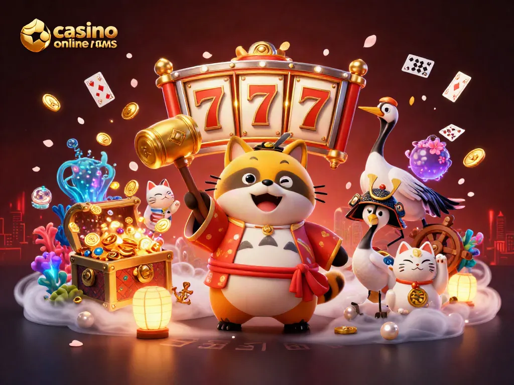 Gioca in un casino online non AAMS con un tanuki portafortuna e gatti maneki-neko in un'atmosfera festiva.