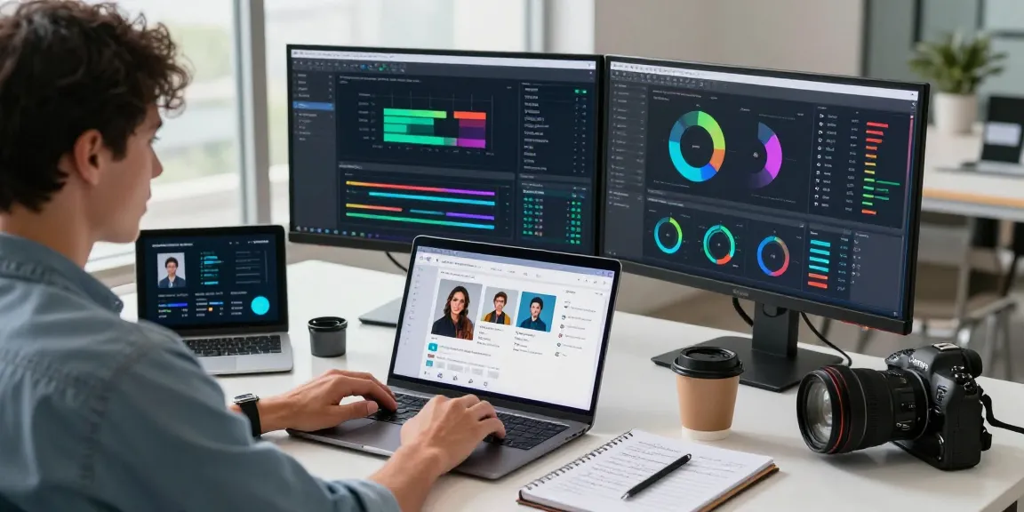 Using a free ai image detector on a laptop with AI analysis tools in a modern workspace.