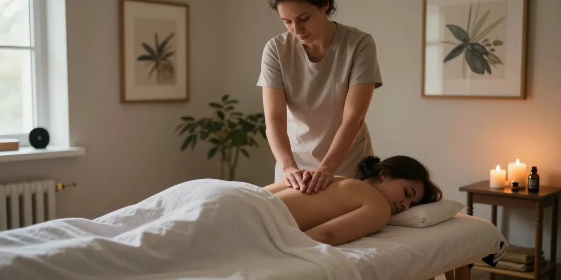 Skilled therapist performing 스웨디시 massage in a tranquil therapy room with soft lighting and calming decor.