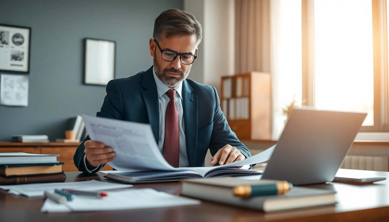 Clearwater truck accident attorney examining legal documents in a focused office environment.