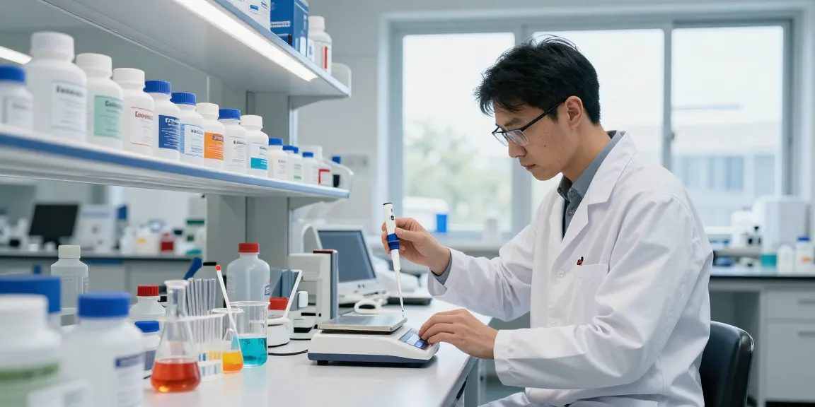 Scientist measuring chemicals in a high-quality lab as a chemical supplier Europe.