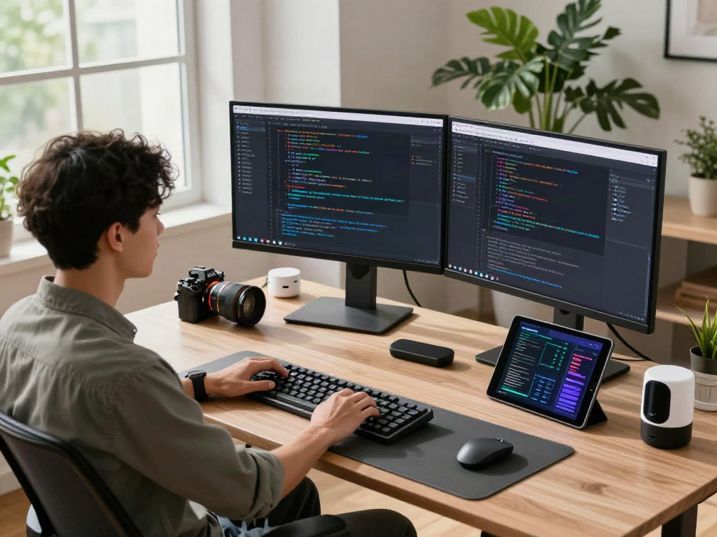Pikashow app development scene showcasing a focused developer at a contemporary workspace surrounded by tech gadgets and vibrant atmosphere.