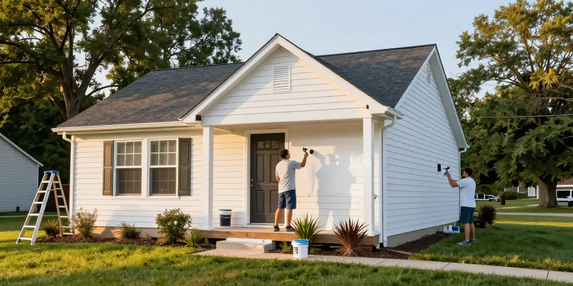 Exterior painters Polk County IA painting a suburban home, showcasing professional craftsmanship and vibrant colors during golden hour.