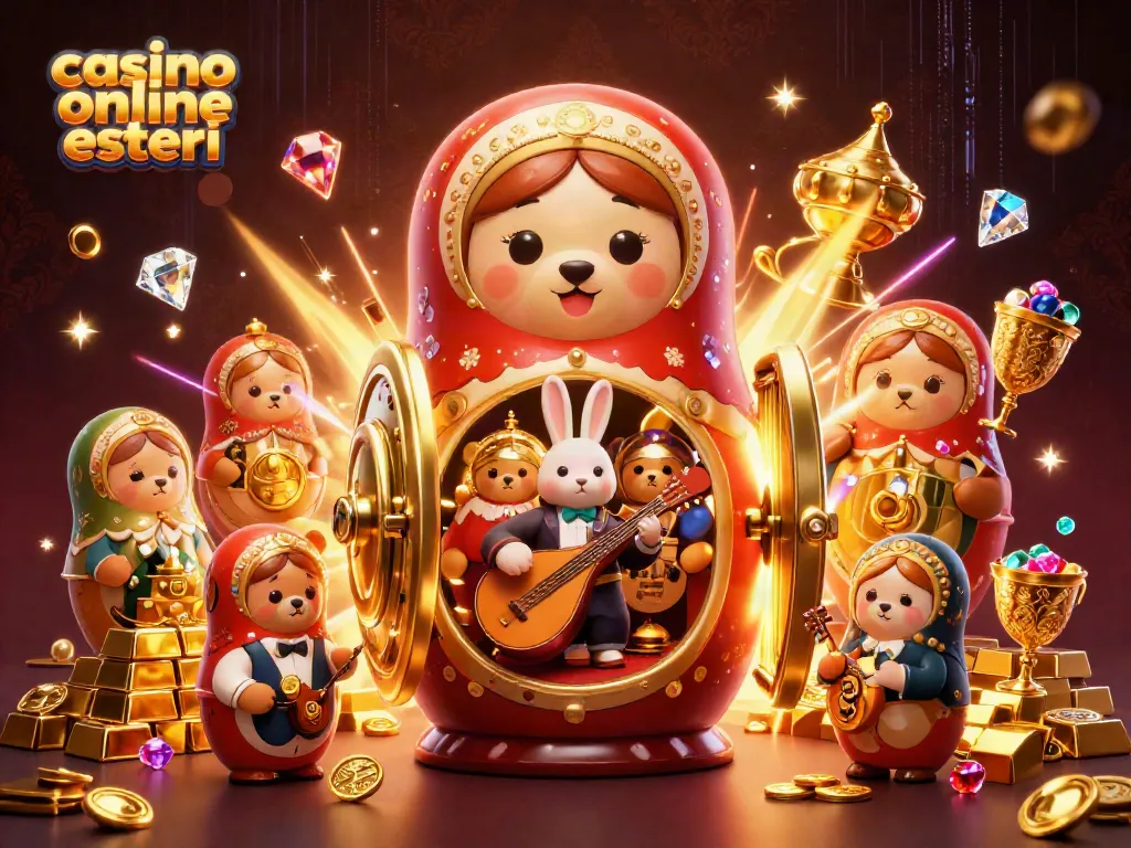 Gioca nei migliori casino online esteri con questa illustrazione di un orso Matryoshka e tesori scintillanti.