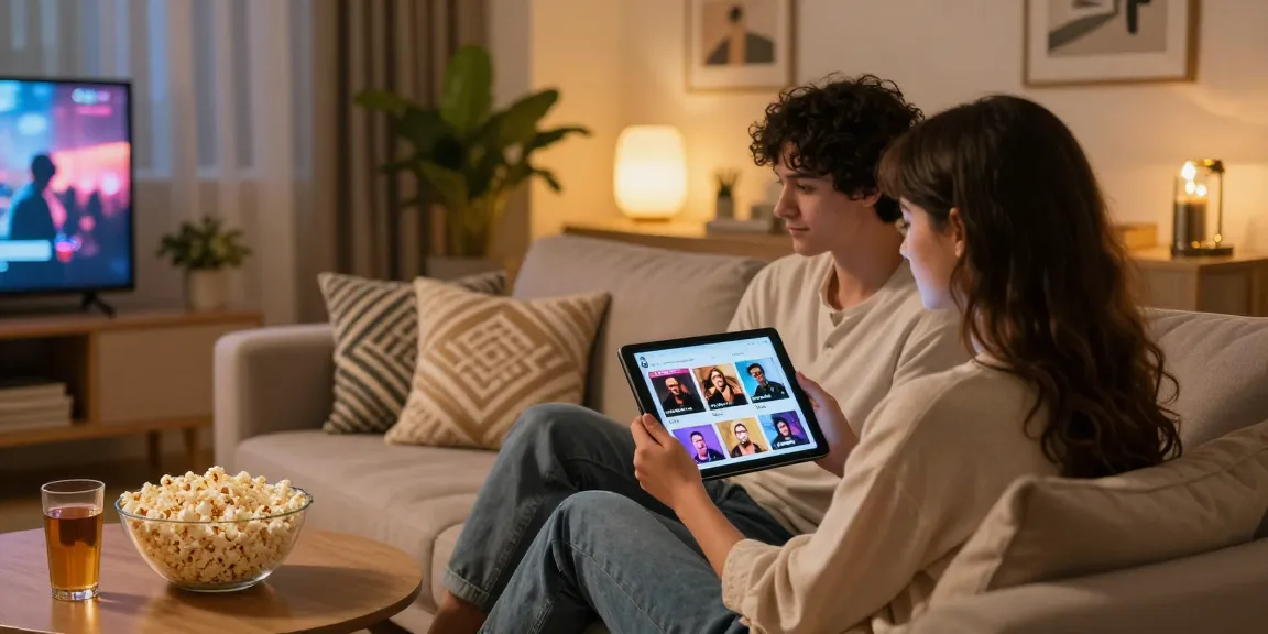 Couple enjoying سكس عرب content on tablets in a cozy living room with soft lighting and modern decor.