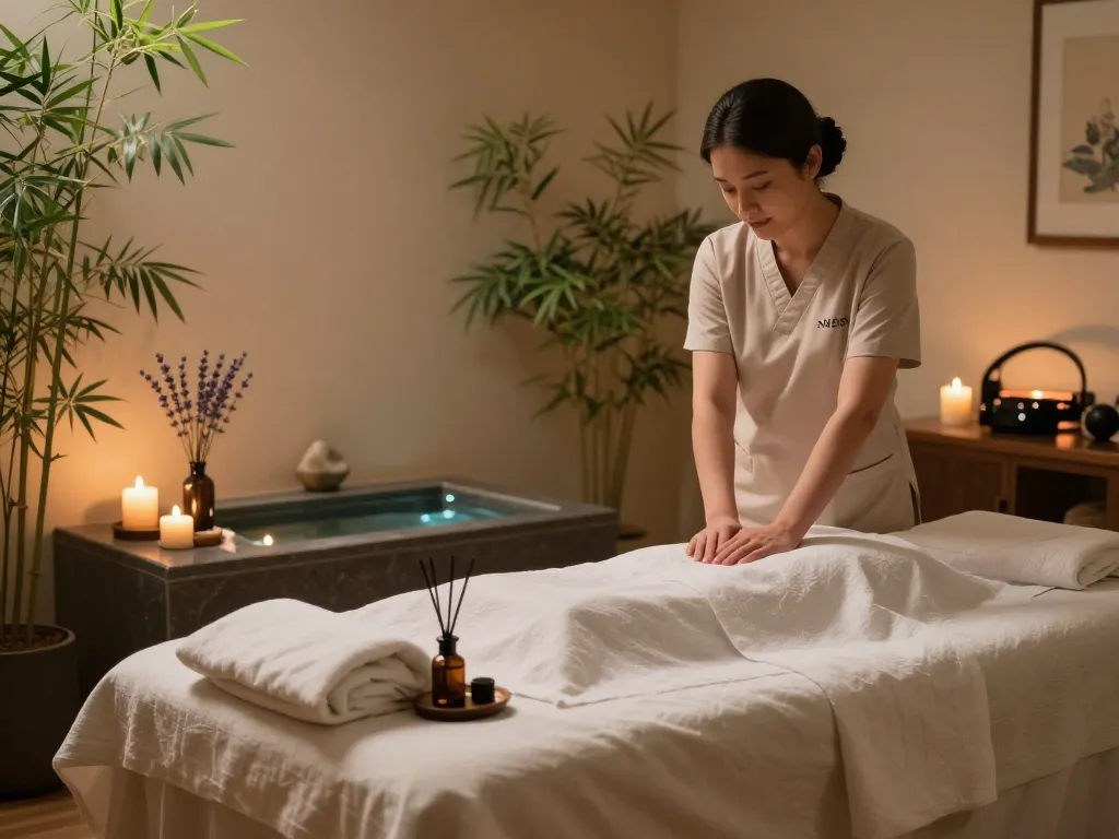 Relaxing 부전동마사지 therapy room with soft lighting and calming plants, perfect for stress relief.