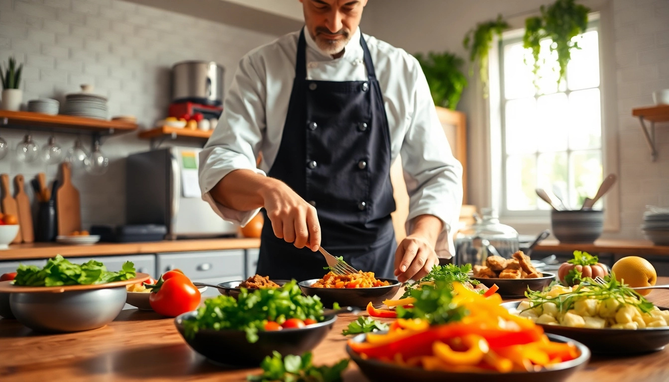 Culinary scene featuring dish facts with a chef preparing colorful meals in a bright kitchen.
