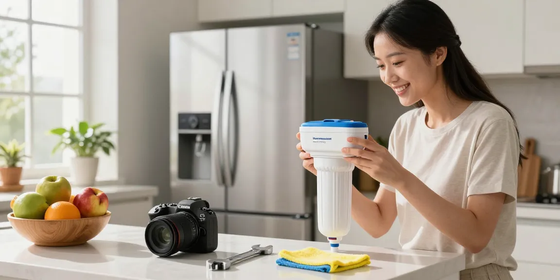 Homeowner replacing Waterspecialist ADQ73613401 Refrigerator Water Filter in a bright kitchen, showcasing easy home maintenance.