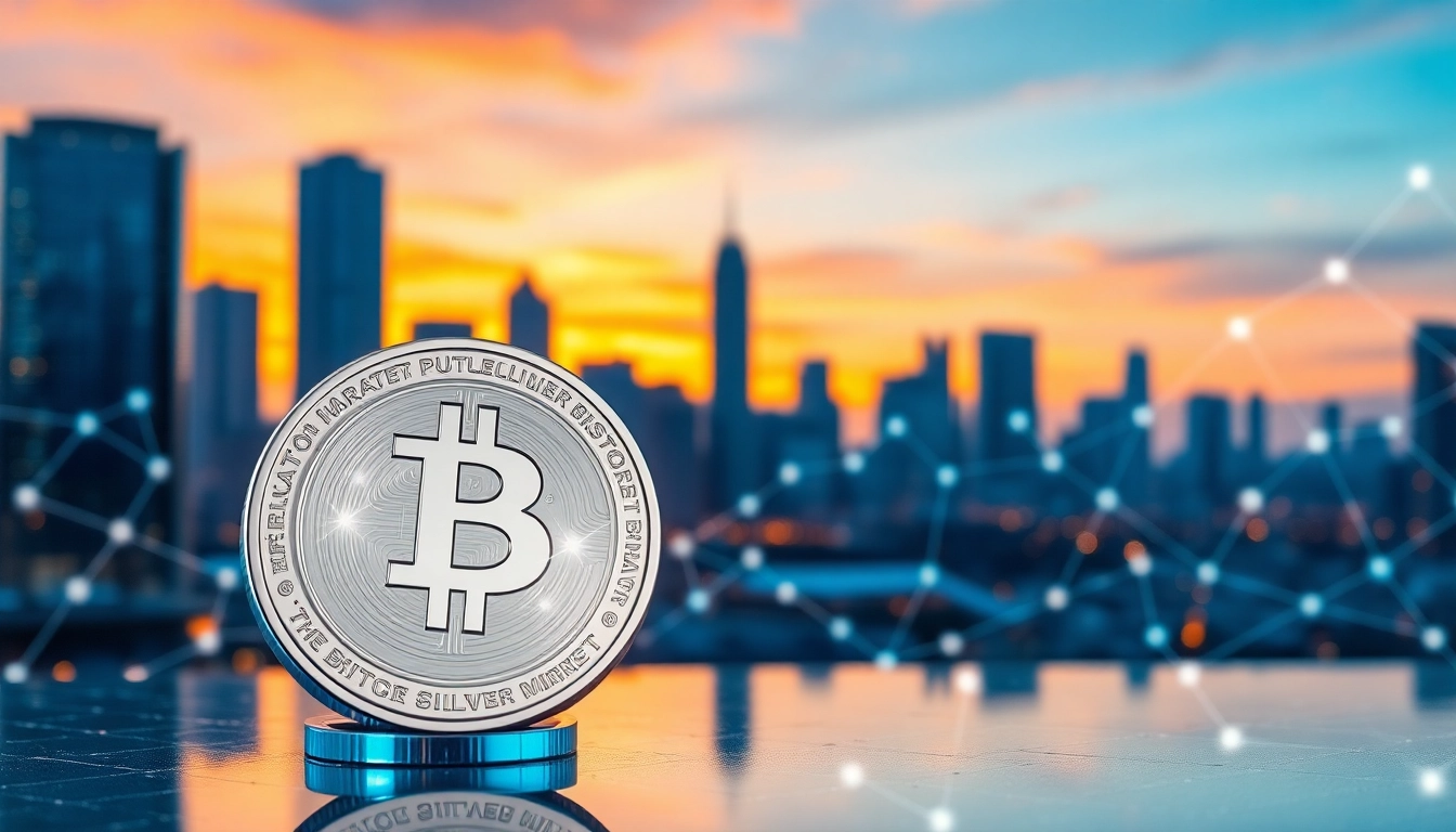 Illustration of bitget silver in a digital investment context with modern city elements and blockchain themes.