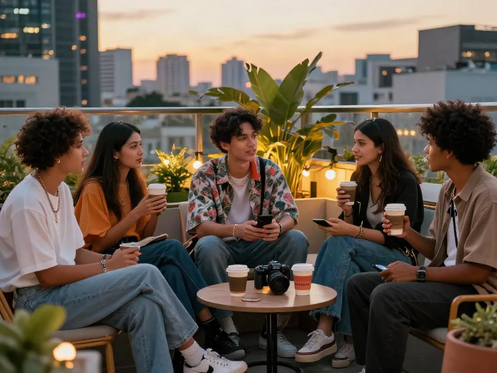 Group enjoying lifestyle discussion about rokok88 fashion trends on urban terrace at sunset.