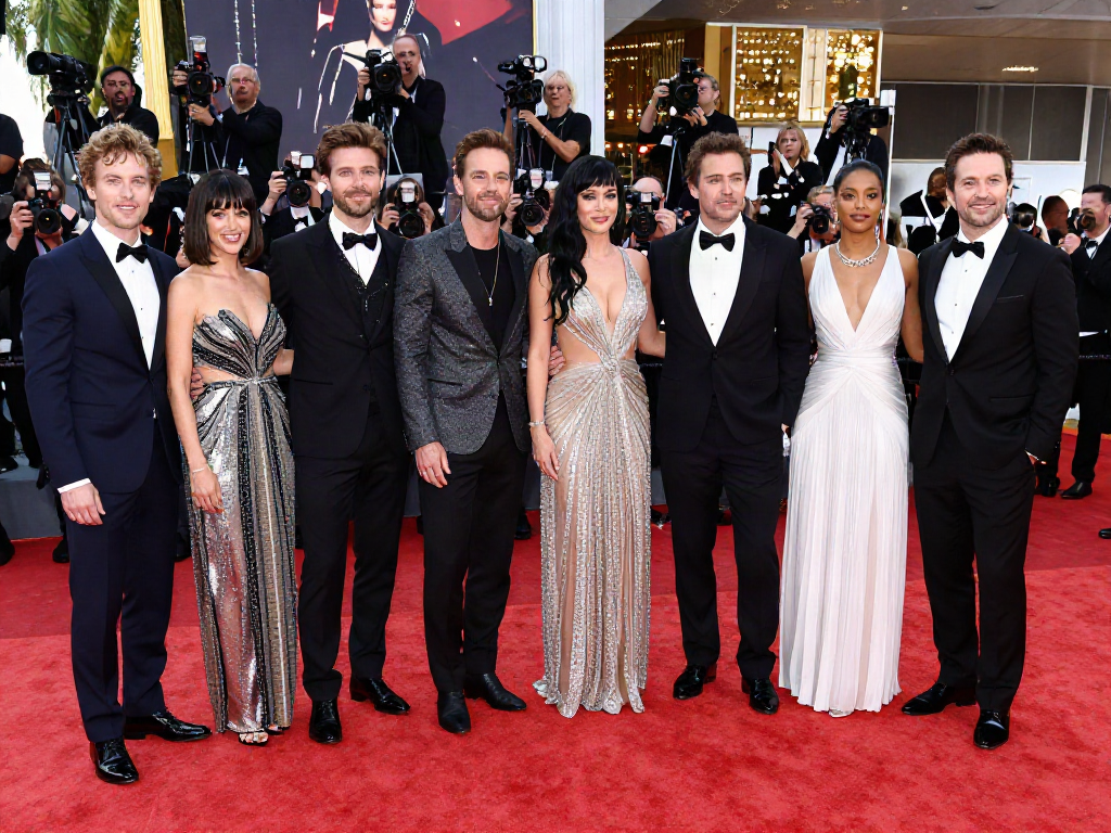 Group of celebrities that look alike at a glamorous Hollywood event, showcasing vibrant outfits and star power.