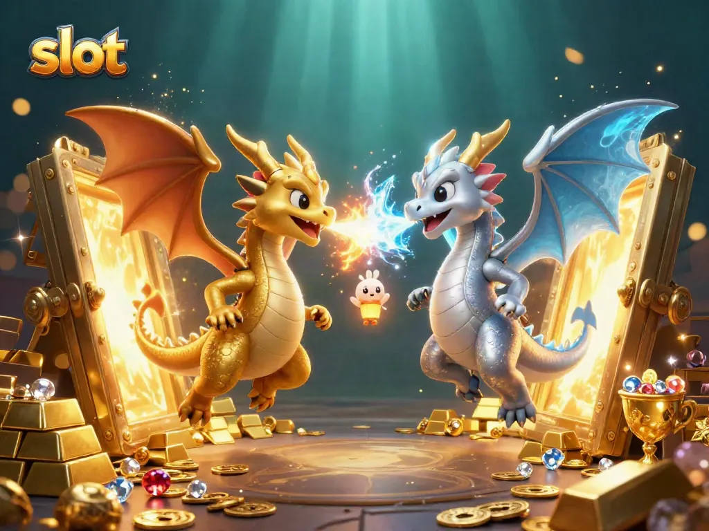 Engage in the slot adventure with dynamic dragons and sparkling treasures in a vibrant casino scene.