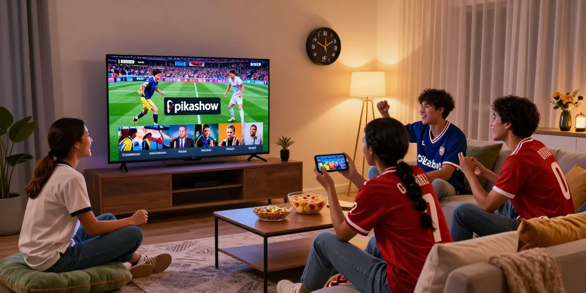 Friends enjoying a movie night using Pikashow app on smart TV, showcasing vibrant entertainment.