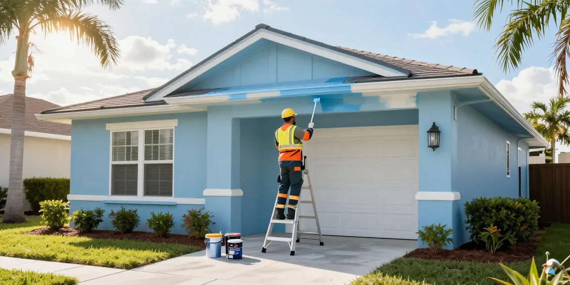 Exterior house painters Sarasota applying weather-resistant paint to a two-story home in the sunny Florida neighborhood.