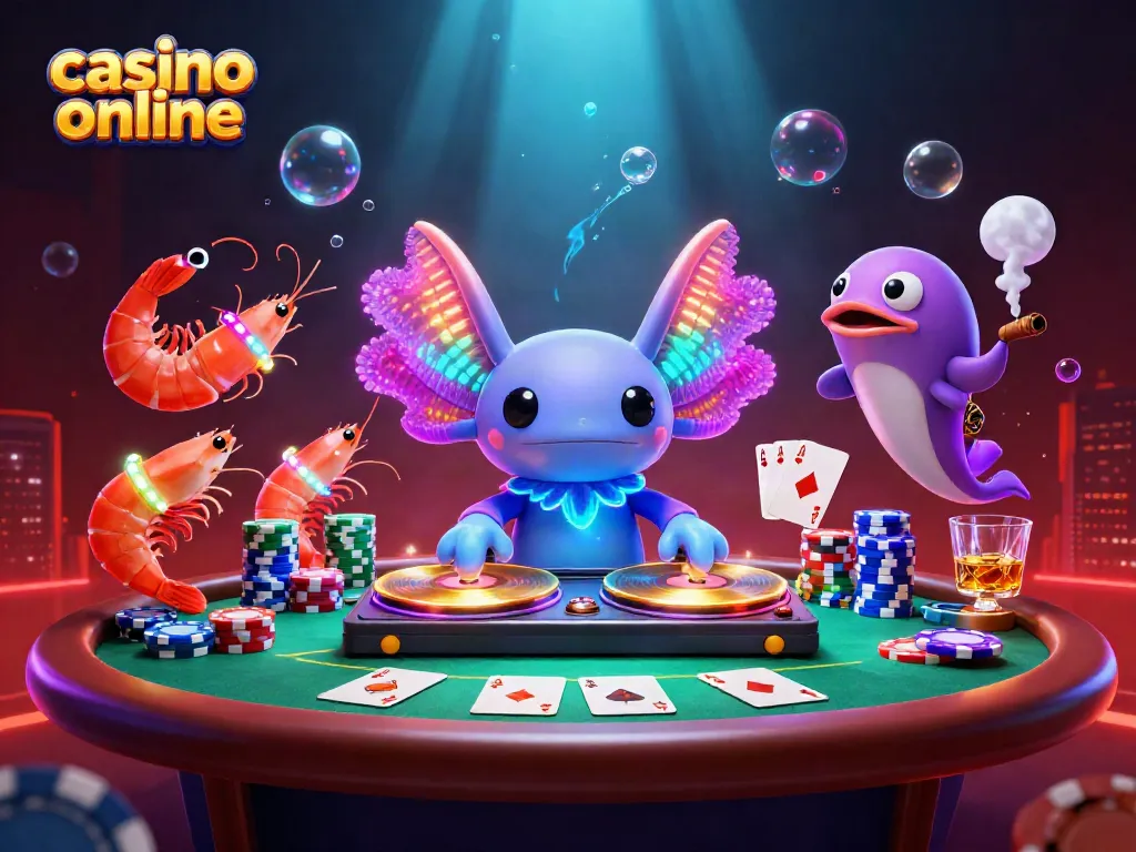 Juega en un casino online mientras disfrutas de la música con un DJ axolote y criaturas marinas animadas.