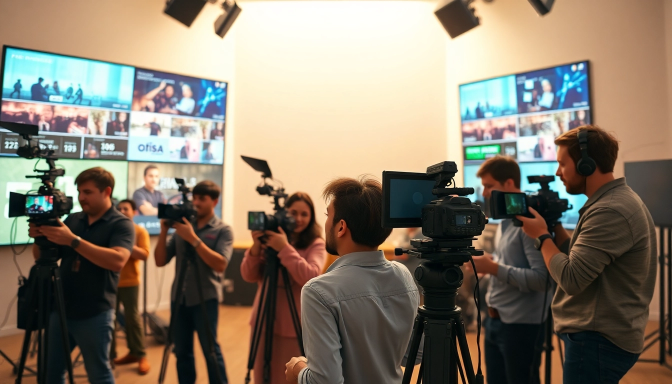 Engaged team working at a Creative Video Production Agency in a modern studio setting