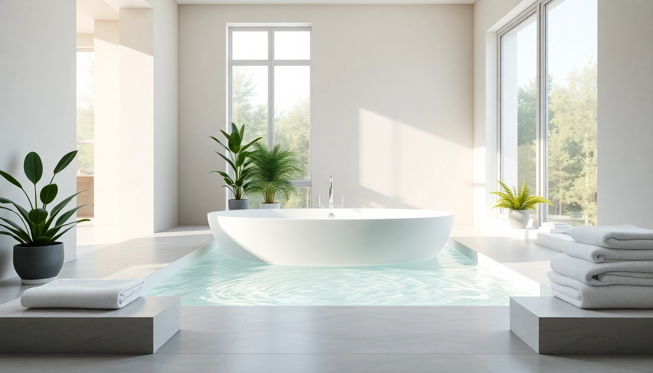 Vasca da bagno elegante in un moderno bagno luminoso con decorazioni minimaliste.