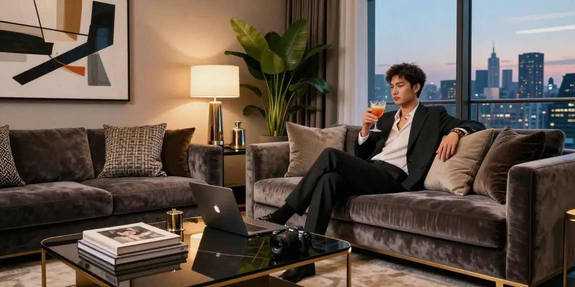 Gaya hidup mewah dengan luxury111, seseorang bersantai di ruang tamu modern dan elegan.