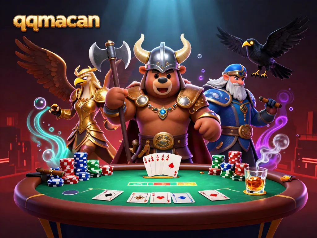 Experience the thrill of qqmacan with a Viking bear and Valkyrie eagle at a vibrant poker scene.