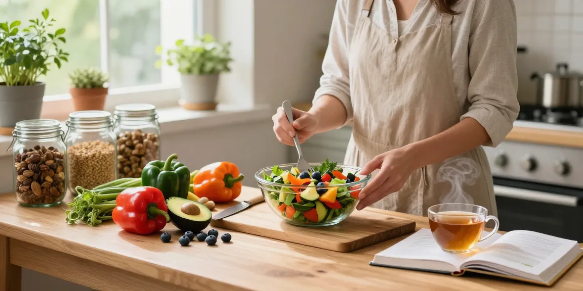 Health tips for nutritious meal prep with vibrant ingredients and a calm atmosphere.