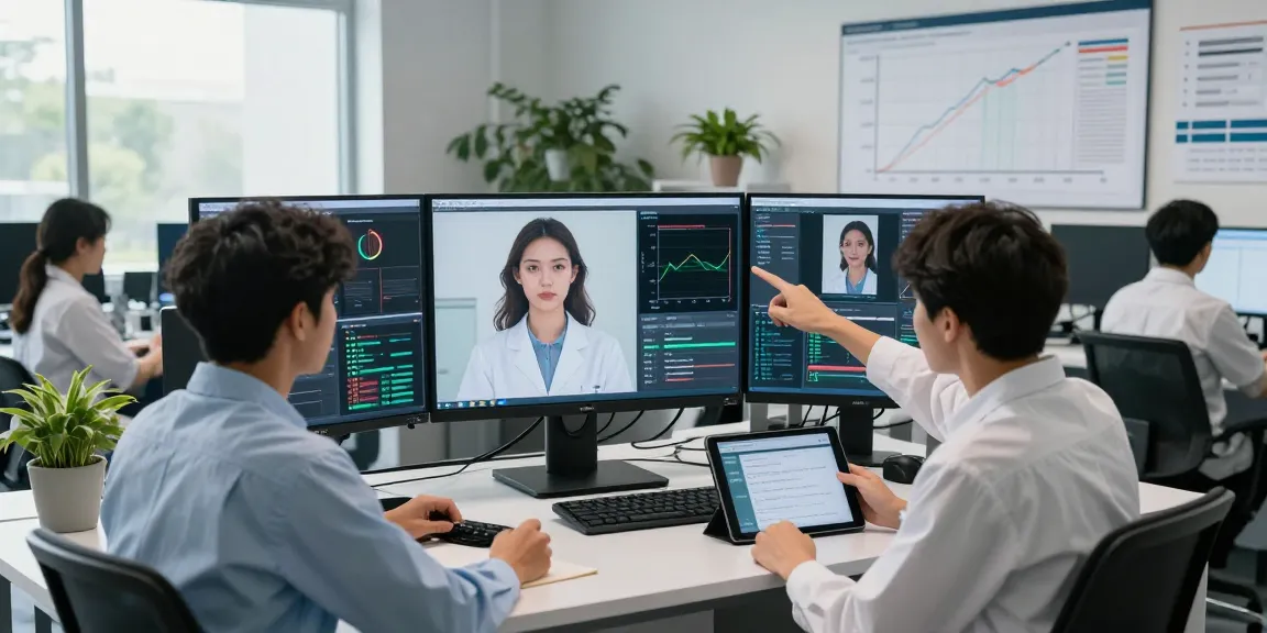 Detect AI image analysis in a modern lab with a diverse team reviewing real-time data visualizations.