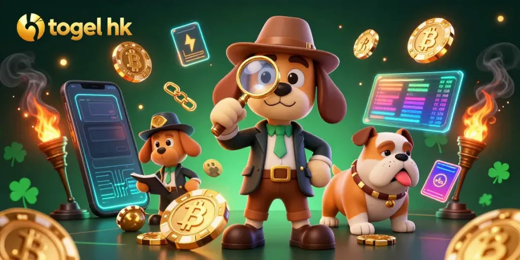 Menampilkan togel hk dengan detektif kartun yang menyelidiki petunjuk chip poker emas.