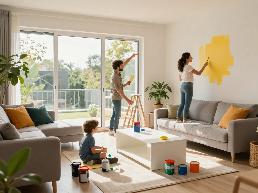 Familie, die ihr Zuhause mit Fenstern von Schüco verbessert und einen lebhaft modernen Wohnraum präsentiert.