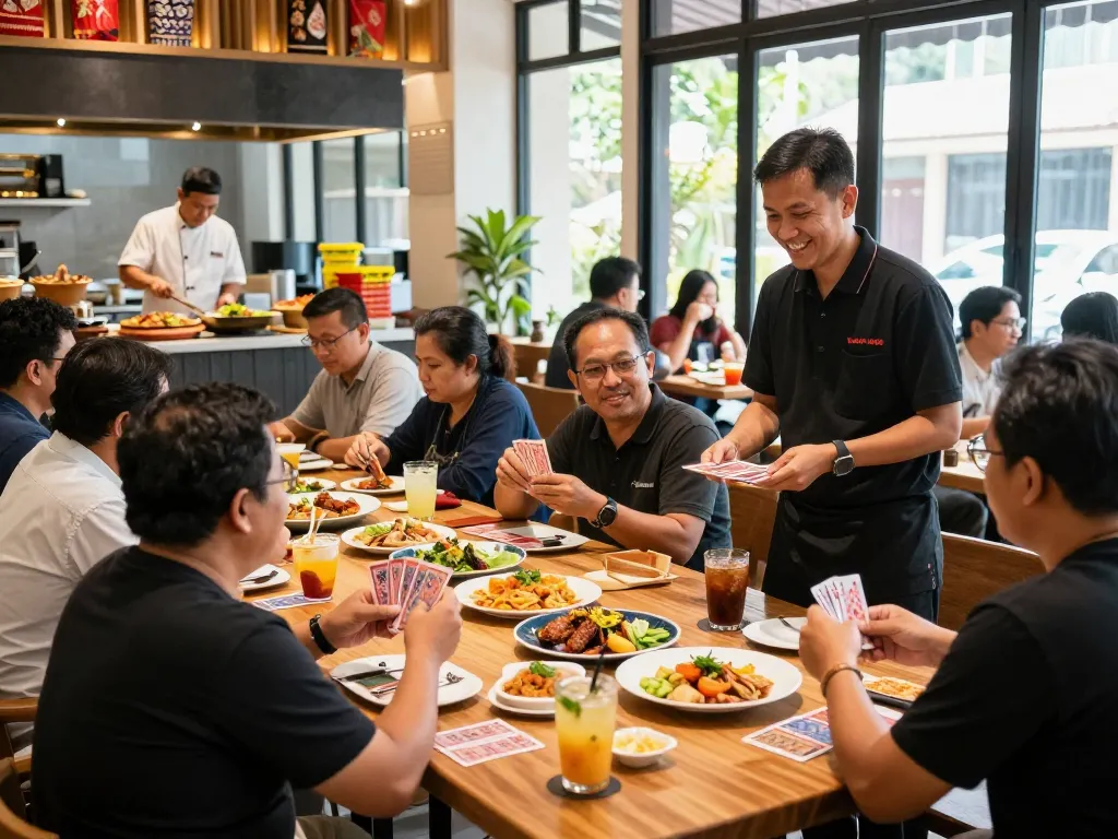 Engaging dining experience at POKERSERI with card games and delicious food.