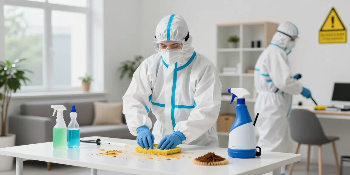 Professionelle Tatortreinigung mit geschultem Techniker, der gezielt biologische Rückstände entfernt.