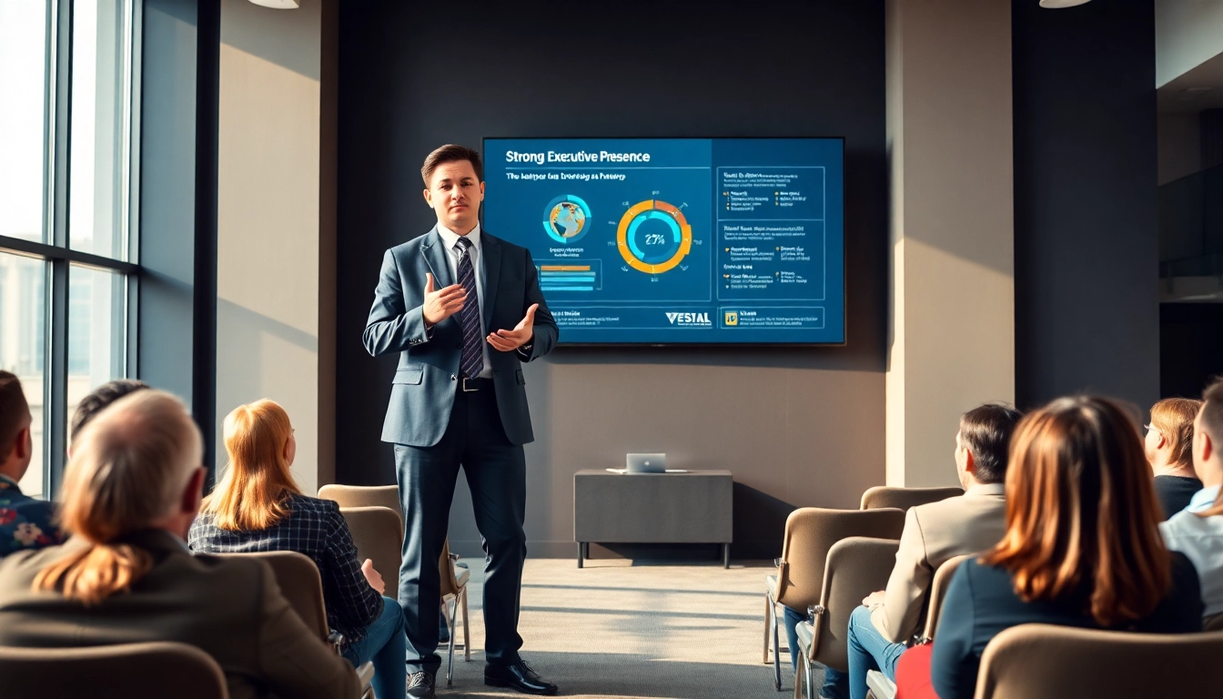 Engaging speaker demonstrating Executive Presence in a bright conference room.