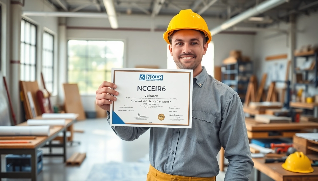 Showcasing NCCER certification in a tradesperson's hands amidst a vibrant workshop.