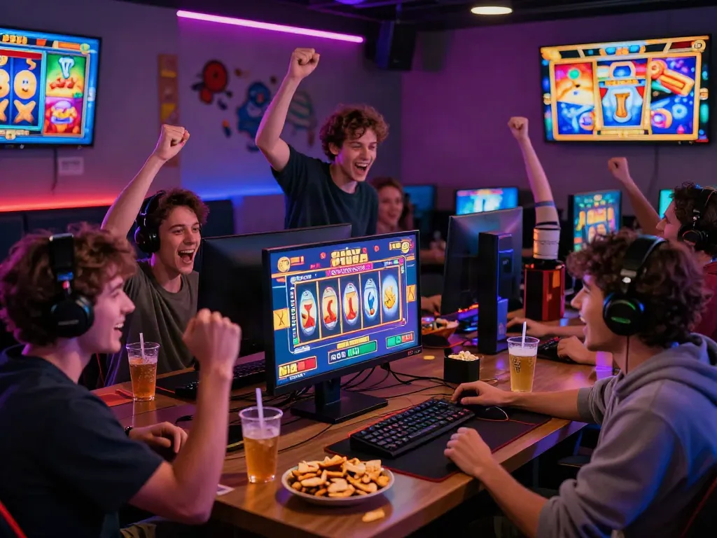 Exciting gaming atmosphere at luxury12 with friends celebrating slot wins.