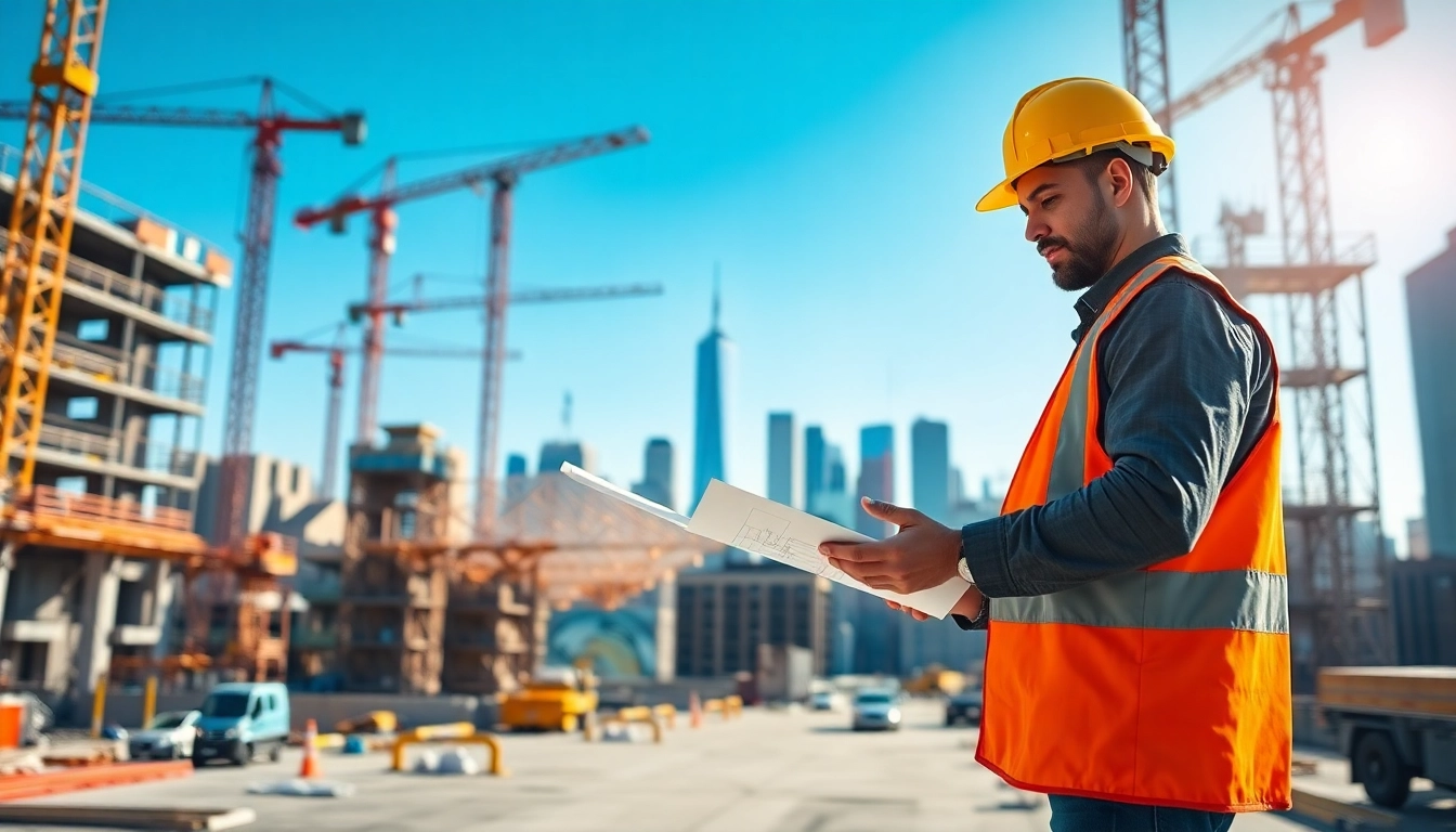 New York City Construction Manager oversees an urban construction site with blueprints and a tablet.
