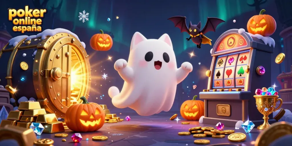 Disfruta del póker online España en un ambiente de casino encantado con un gato fantasma y un murciélago.