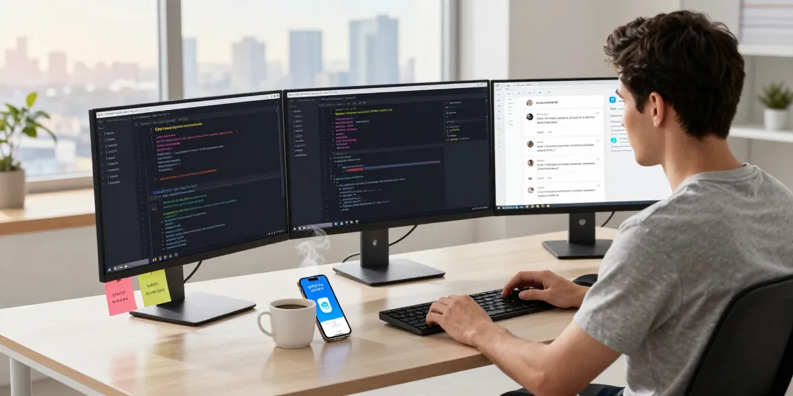 Developing telegram ios china application in a modern workspace with multiple monitors and tech environment.
