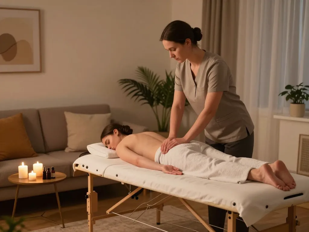 편안한 환경을 준비하는 russiamobilemassage.com 치료사를 보여주는 휴식의 홈 마사지 장면