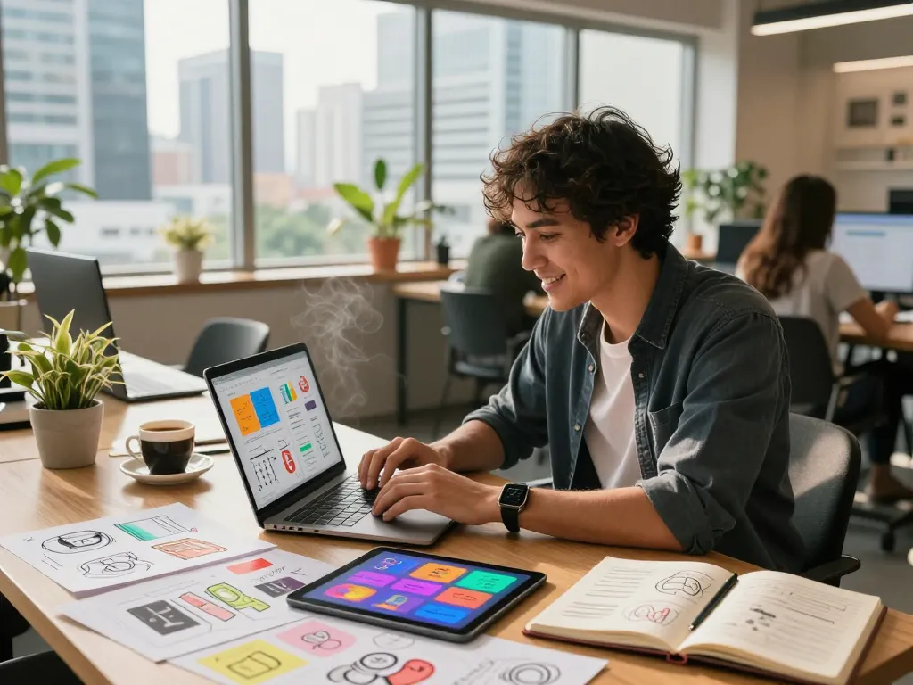 Freelance web designer Kuala Lumpur working in vibrant coworking space with laptop, design sketches, and city views