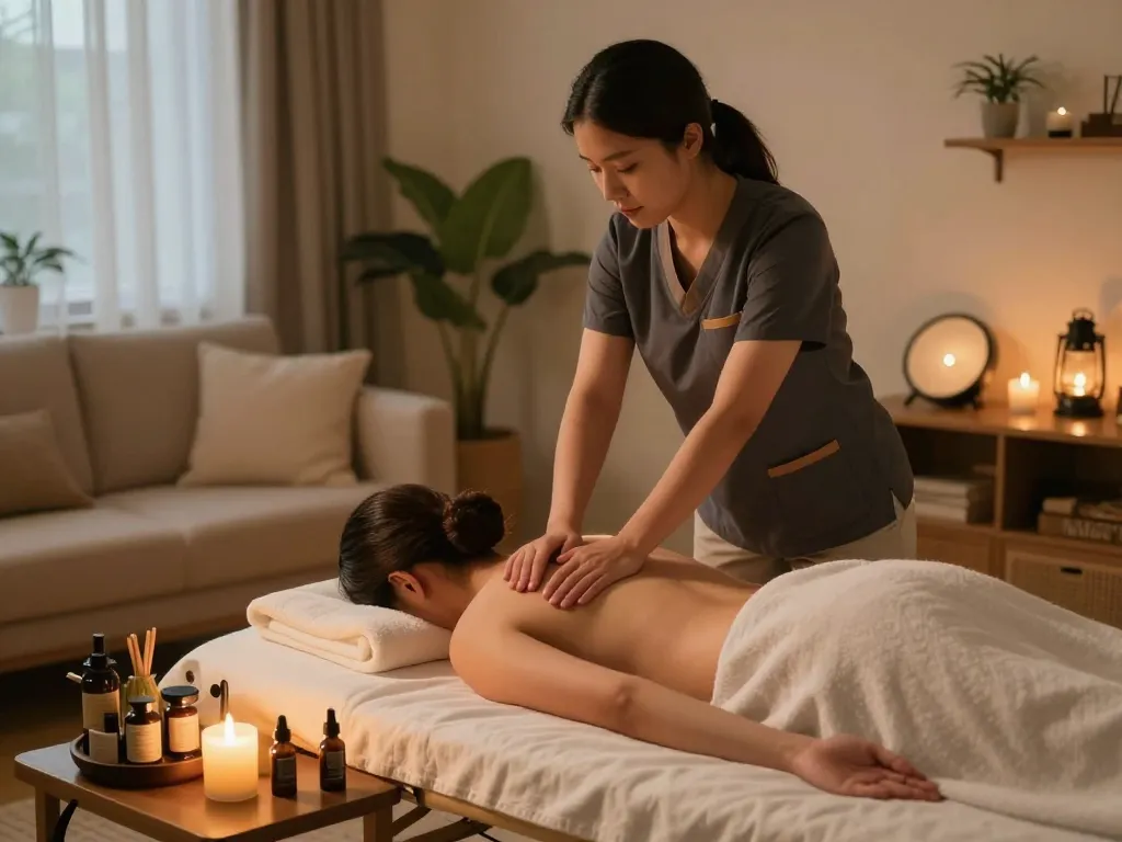 Relaxing atmosphere with 부천 출장마사지 in a cozy home setting, professional therapist providing soothing massage.