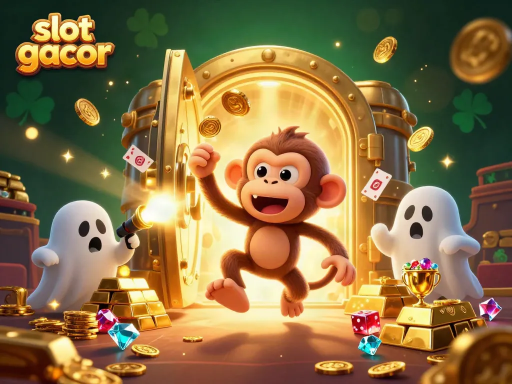 Experience slot gacor excitement with a ghost-hunter puppy tracking a mischievous monkey in a golden haunted casino.