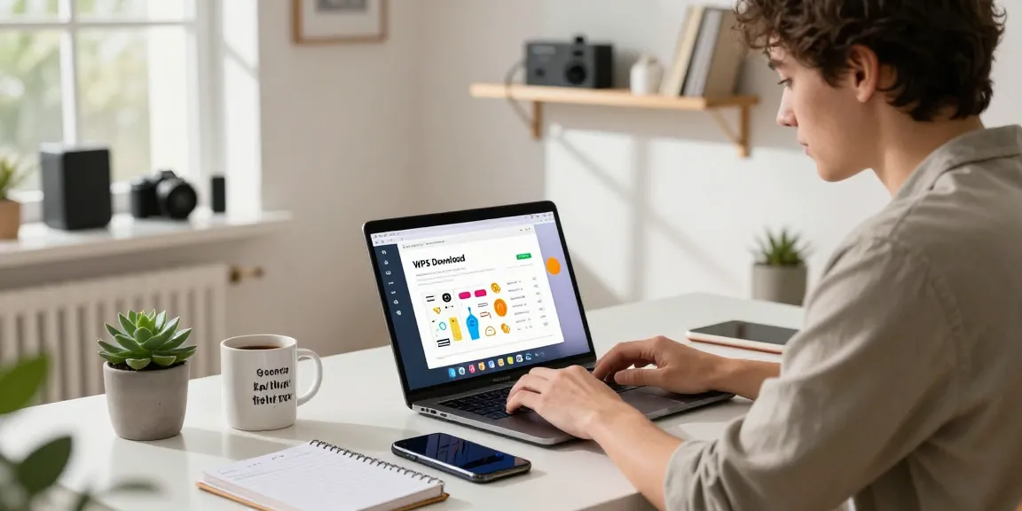 WPS Download page displayed on laptop in a modern home office, promoting productivity.